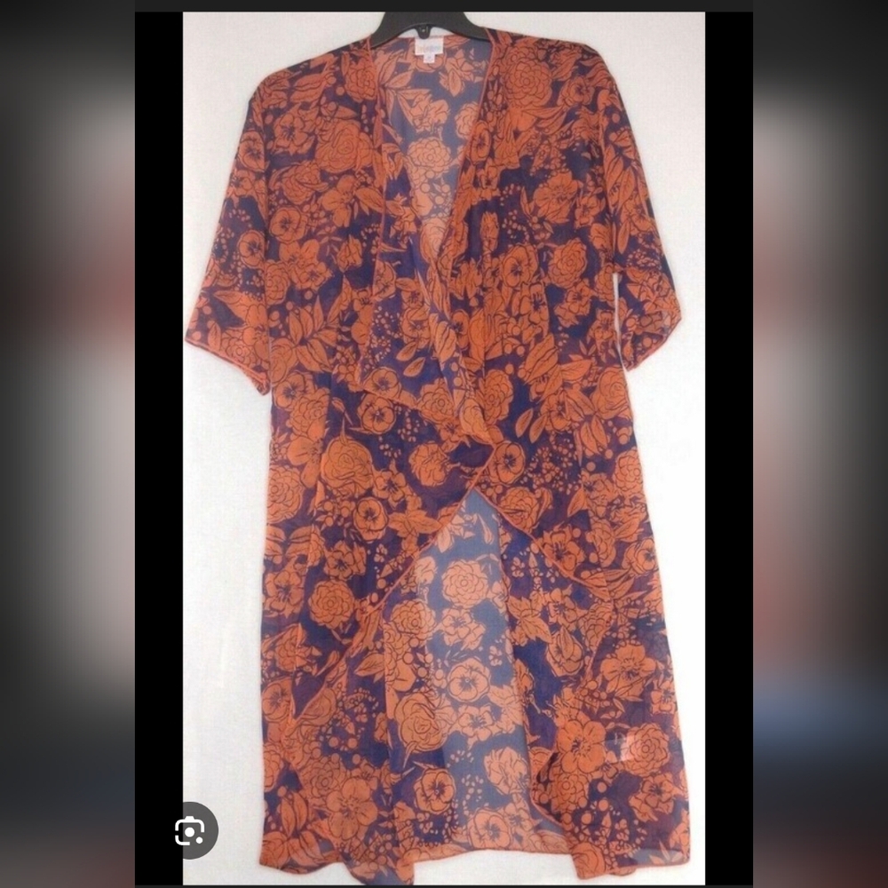 Lularoe Adult Women's Size Small Orange/Navy Floral Short Sleeve Shawl Cardigan